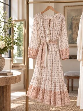 Cleobella Stunning Cream & Pink Bohemian Tiered Midi Dress
